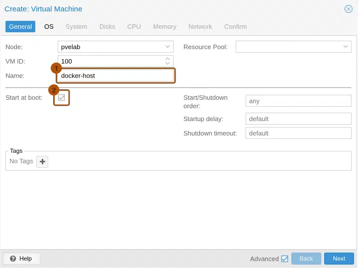 Proxmox Create-VM-Assistent, Reiter General: Name docker-host und die aktivierte Option Start at boot.
