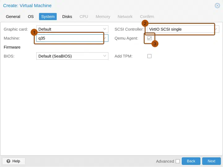 Proxmox Create-VM-Assistent, Reiter System: Machine q35, SCSI Controller VirtIO SCSI single und aktivierter Qemu Agent.