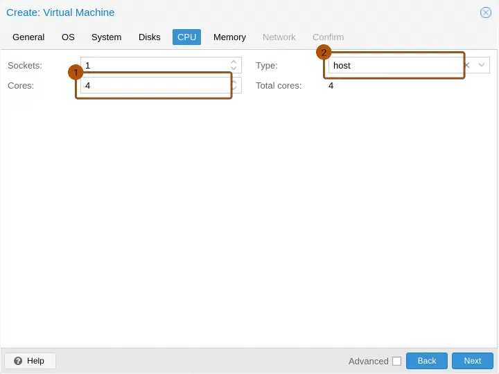 Proxmox Create-VM-Assistent, Reiter CPU: Cores 4 und Type host.