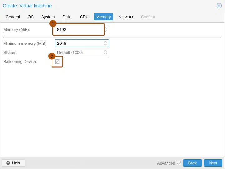 Proxmox Create-VM-Assistent, Reiter Memory: Memory 8192 MiB, Minimum memory 2048 MiB und aktiviertes Ballooning Device.