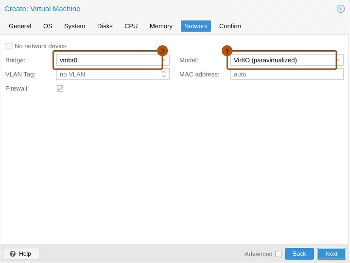 Proxmox Create-VM-Assistent, Reiter Network: Model VirtIO (paravirtualized) an Bridge vmbr0.