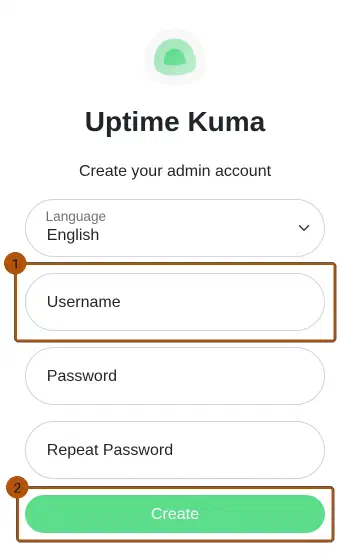 Uptime Kuma Erststart: Maske Create your admin account mit Benutzername, Passwort und Create-Knopf.