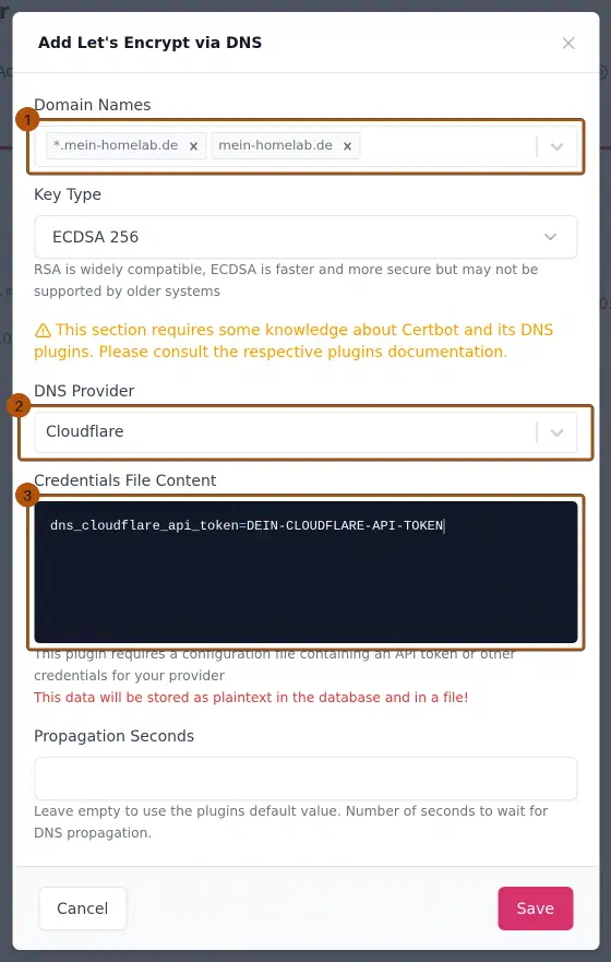 Nginx Proxy Manager: Dialog „Add Let's Encrypt via DNS“ mit den Wildcard-Domains, dem DNS-Provider Cloudflare und der Credentials-Datei für den API-Token.