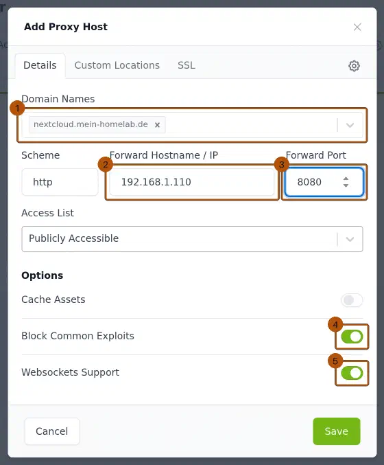 Nginx Proxy Manager, Add Proxy Host, Reiter Details: Domain nextcloud.mein-homelab.de, Scheme http, Forward Hostname 192.168.1.110, Forward Port 8080, Block Common Exploits und Websockets Support aktiviert.