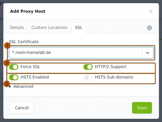 Nginx Proxy Manager, Add Proxy Host, Reiter SSL: Zertifikat *.mein-homelab.de gewählt, Force SSL, HTTP/2 Support und HSTS Enabled aktiviert.
