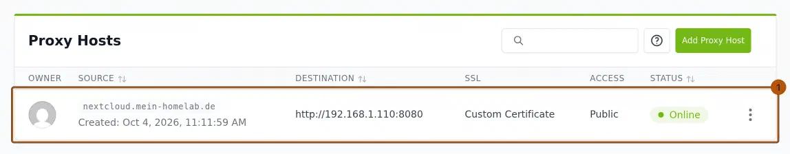 Nginx Proxy Manager, Proxy-Hosts-Liste mit einem Eintrag nextcloud.mein-homelab.de → http://192.168.1.110:8080, SSL Custom Certificate, Status Online.