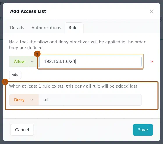 Nginx Proxy Manager, Add Access List, Reiter Rules: Allow-Regel mit 192.168.1.0/24 und die automatisch ergänzte Deny-all-Regel.