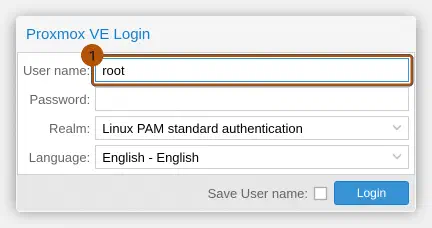 Proxmox-VE-Login-Dialog mit Benutzername root, Realm Linux PAM standard authentication und Login-Knopf.