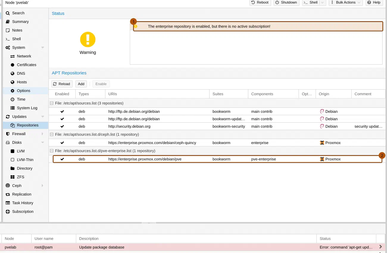 Proxmox Node > Repositories: Warnbanner Enterprise-Repository ohne Subscription sowie die Einträge ceph.list und pve-enterprise.list.