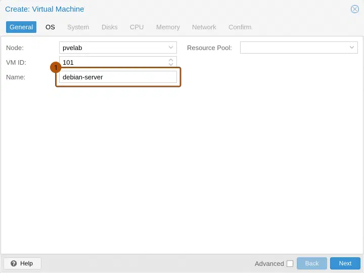 Proxmox Create-VM-Assistent, Reiter General: Node pvelab, VM ID 101 und Name debian-server.