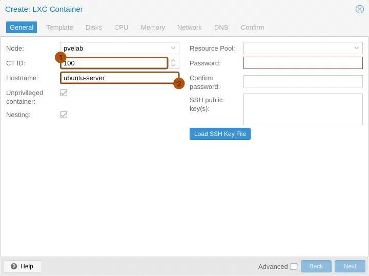 Proxmox Create LXC Container, Reiter General: CT ID 100 und Hostname ubuntu-server.