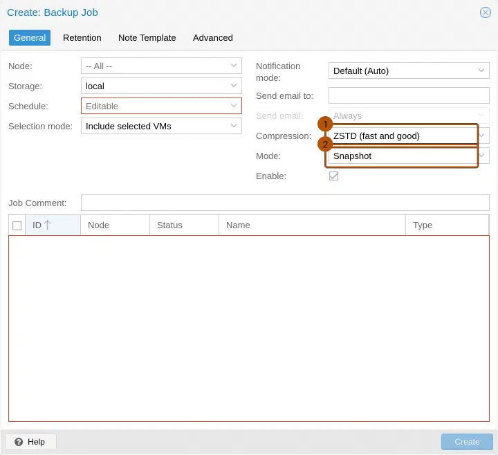 Proxmox Create Backup Job, Reiter General: Storage local, Compression ZSTD und Mode Snapshot.