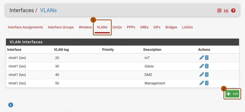 pfSense: Reiter Interfaces > VLANs mit der VLAN-Liste (Tags 20, 30, 40, 50) und dem Add-Knopf.