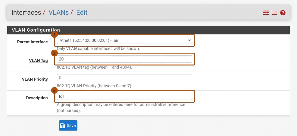 pfSense-Formular VLAN Configuration mit Parent Interface vtnet1 (lan), VLAN Tag 20 und Description IoT.
