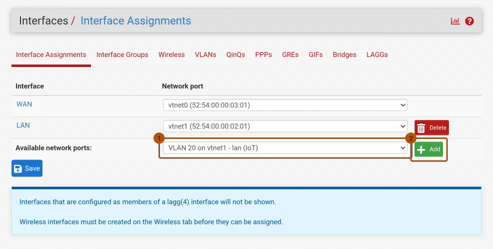 pfSense Interface Assignments: Available network ports mit ausgewähltem VLAN 20 und der Add-Knopf.