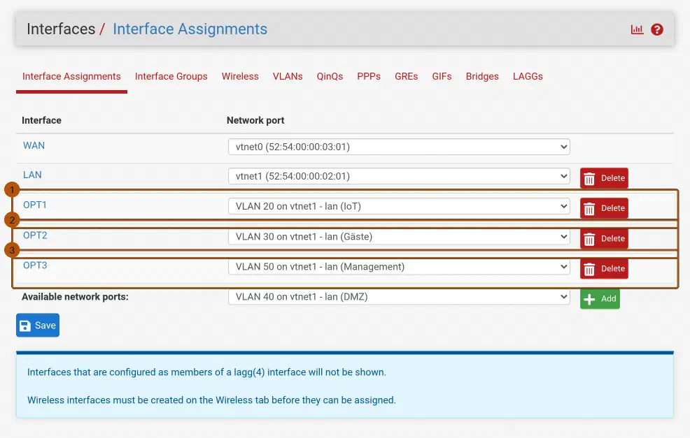 pfSense Interface Assignments nach dem Hinzufügen: OPT1, OPT2 und OPT3 in der Tabelle, die Network-port-Spalte zeigt VLAN 20 (IoT), VLAN 30 (Gäste) und VLAN 50 (Management).