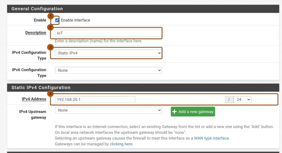 pfSense Interface OPT1 mit Enable interface, Description IoT, Static IPv4 und der Adresse 192.168.20.1/24.