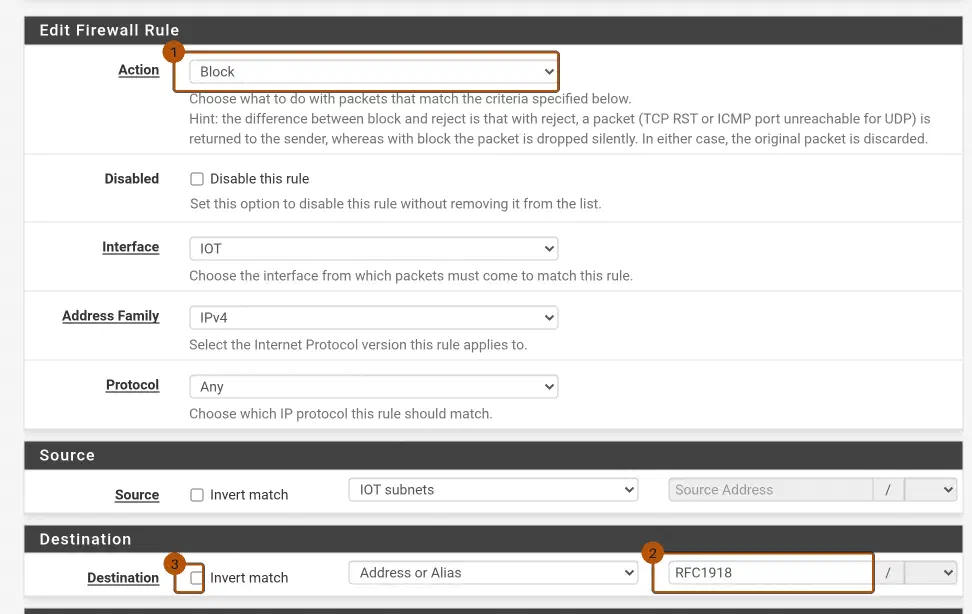 pfSense Regel bearbeiten: Action Block, Destination RFC1918 und nicht angehaktes Invert match.