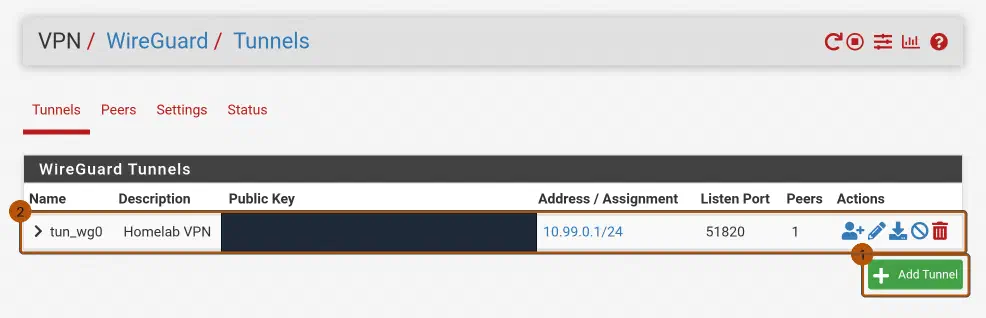 pfSense WireGuard-Tunnels: Liste mit dem angelegten Tunnel Homelab VPN (tun_wg0, 10.99.0.1/24, Listen-Port 51820) und dem grünen Add-Tunnel-Knopf; der Public Key ist geschwärzt.