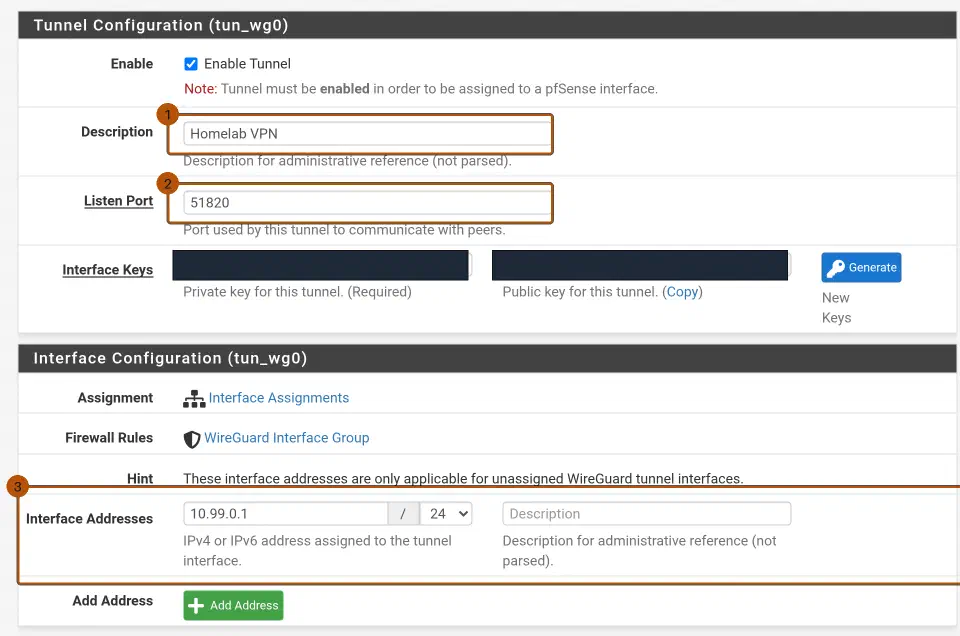 pfSense Tunnel Configuration: Description Homelab VPN (1), Listen Port 51820 (2) und Interface Addresses 10.99.0.1/24 (3); Private- und Public-Key-Feld sind geschwärzt.