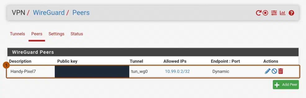 pfSense WireGuard-Peers: Liste mit dem Peer Handy-Pixel7 (Tunnel tun_wg0, Allowed IPs 10.99.0.2/32, Endpoint Dynamic); der Public Key ist geschwärzt.