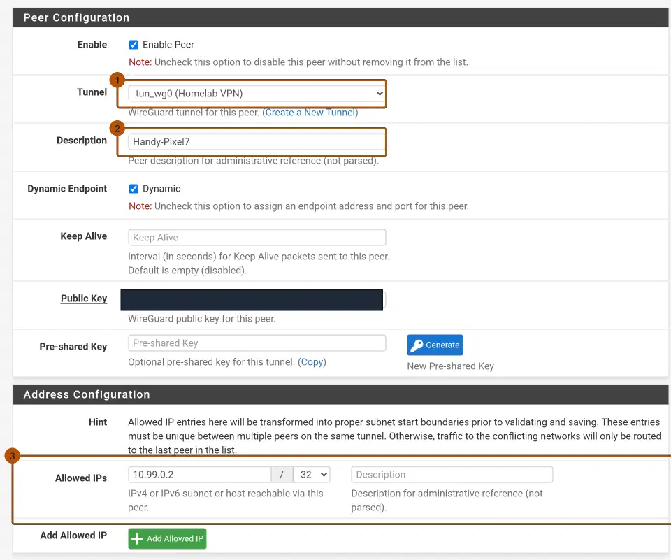 pfSense Peer Configuration: Tunnel tun_wg0 (Homelab VPN) (1), Description Handy-Pixel7 (2) und Allowed IPs 10.99.0.2/32 (3); das Public-Key-Feld ist geschwärzt.