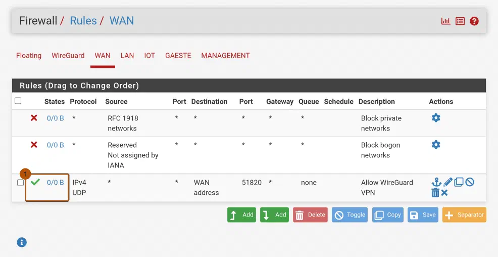 pfSense Firewall WAN-Regeln mit der neuen Regel Allow WireGuard VPN: IPv4 UDP von Any auf WAN address, Ziel-Port 51820.