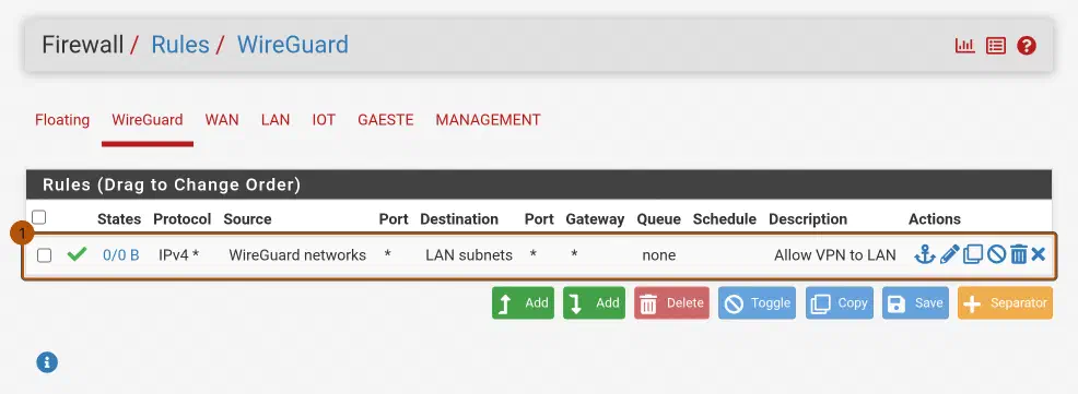 pfSense Firewall-Regel auf dem WireGuard-Interface: Pass von WireGuard networks auf LAN subnets, Description Allow VPN to LAN.
